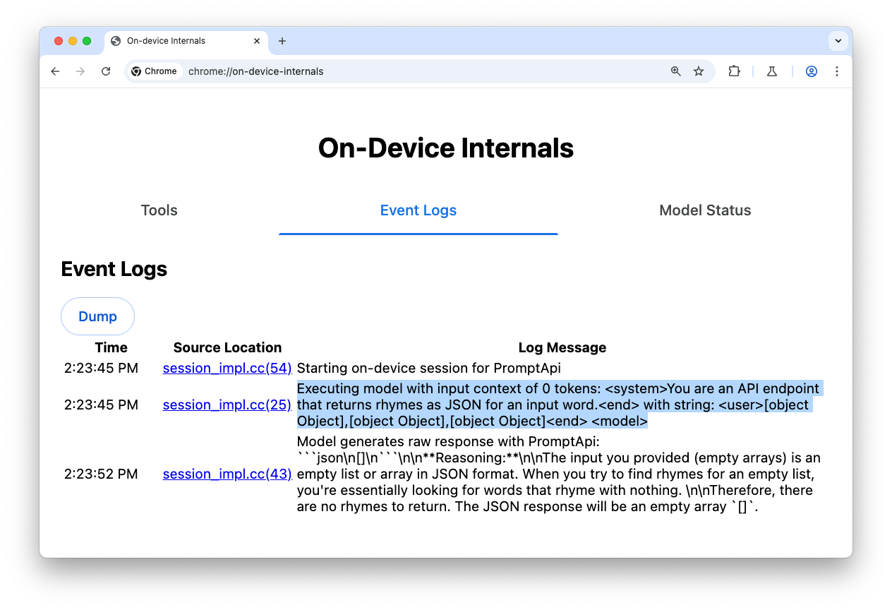 特殊页面 chrome://on-device-internals 的“事件日志”标签页，其中包含调试信息。