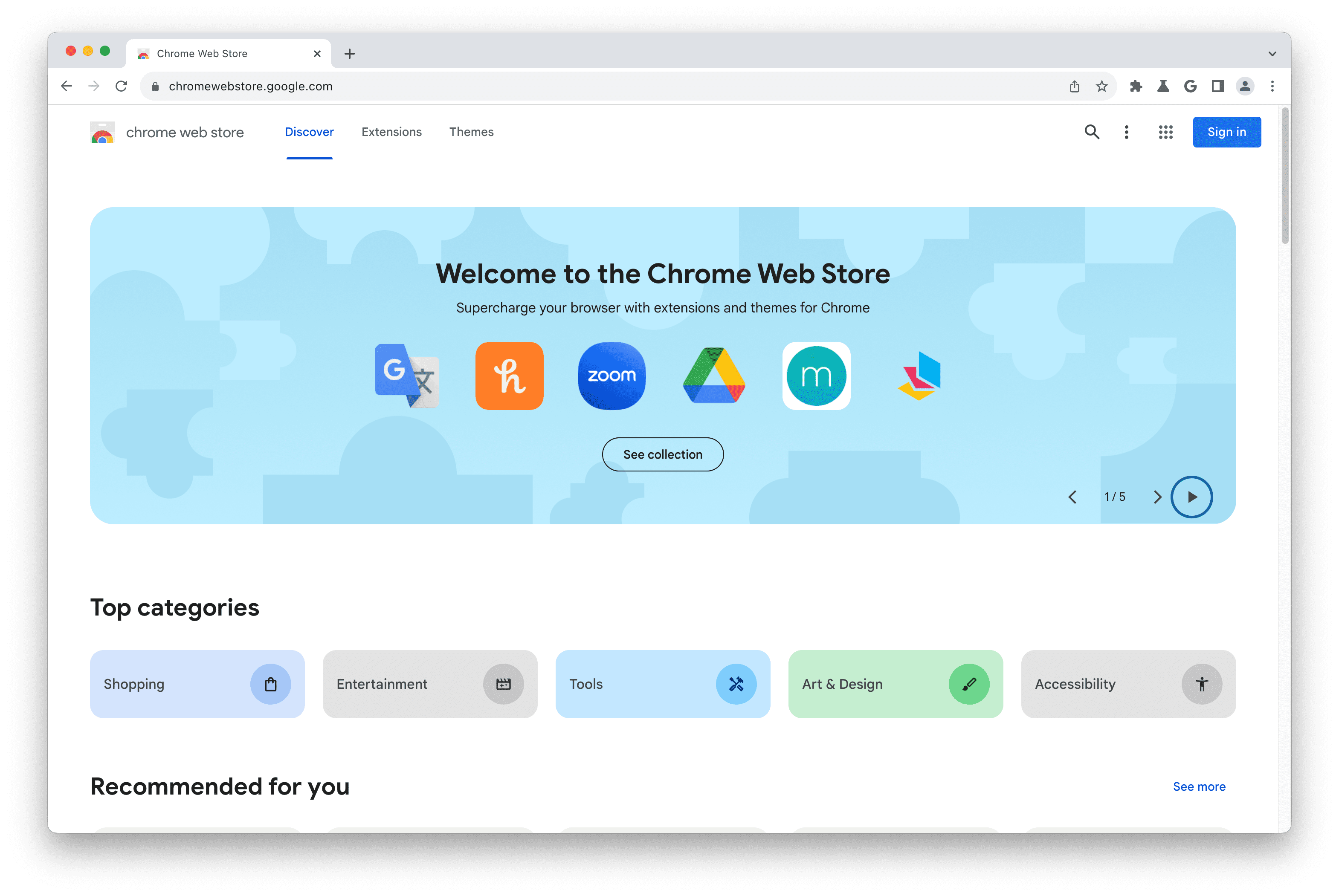 'Chrome वेब स्टोर' के होम पेज का स्क्रीनशॉट.